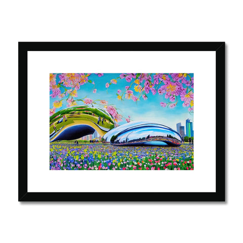 Artprint depicting a city skyline with flowers in a blue window.