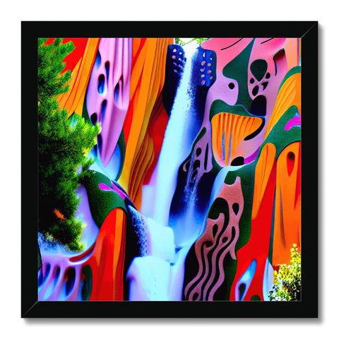 An acrylic art print hanging on a wall with colorful paint on the ceiling.