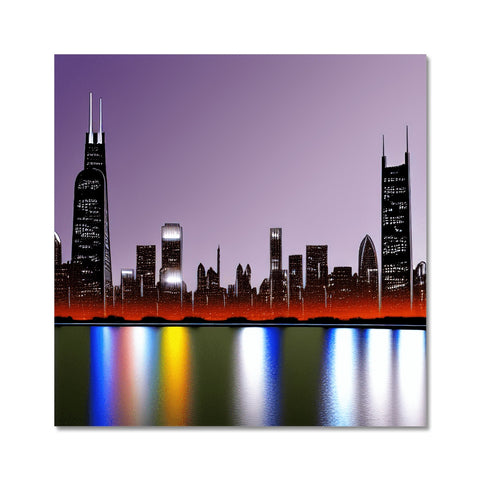 An art print of the Chicago skyline with lights on it.