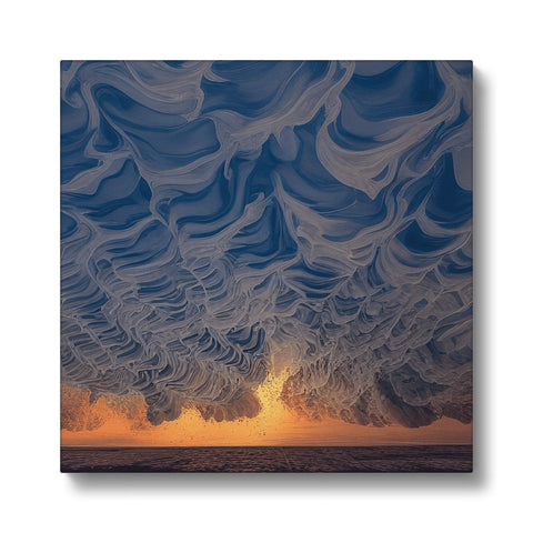 Clouds swirling over a cloud on top of an ocean with waves and clouds in the