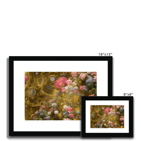 A picture of art prints on a frame with a gold metal curtain.