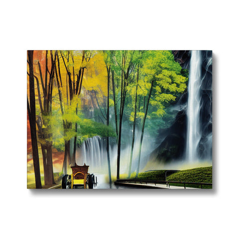 A colorful wall print print hanging there with a large waterfall behind a black screen.