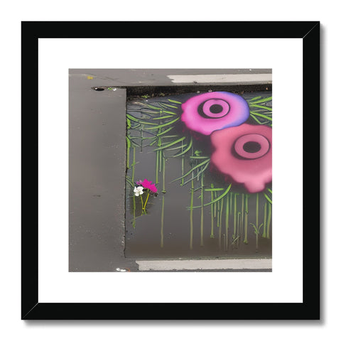 A framed art print with spray on a wall of a dead flower.