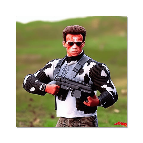 An action figure with a gun in a plastic propane tank on a red table