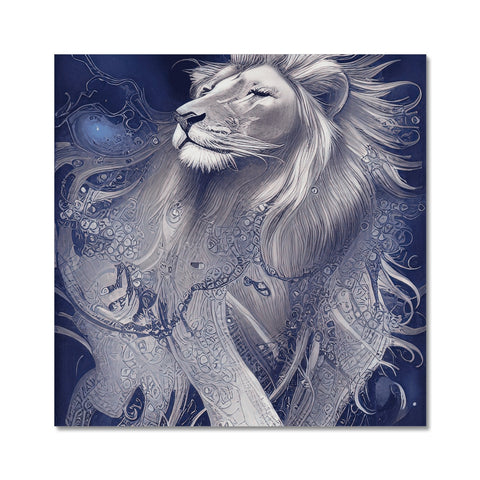 Art print of a lion sitting on a white glass table on the floor.