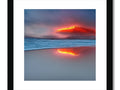 An art print of flames burning on a volcano topped with a volcano and a mountain waterfall