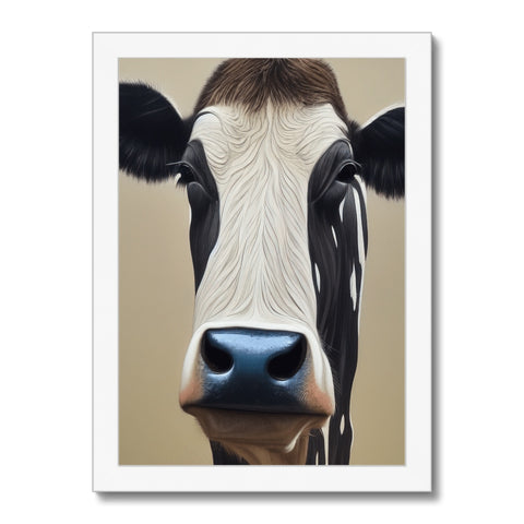 A cow looks up at a white wall as she has her eyeballs close.