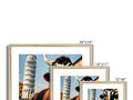 A picture frame with several pictures of a giraffe hanging in it with two cows and
