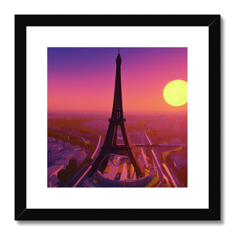 An art print with Paris on it, a sunset on it with the city skyline in