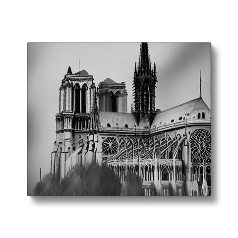 A picture of an image of a Gothic Cathedral with a clock on the side of the