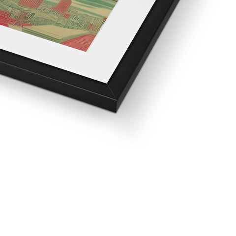 An art print on a metal frame sitting next to a picture frame on a wall.