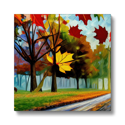 An art prints collection arranged around fall leaves with lots of trees and a red and green