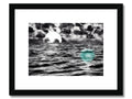 Art print of an orca standing on top of a boat floating in the water.
