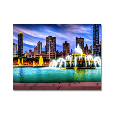 A colorful print that includes a picture of the city of Chicago and is visible in the