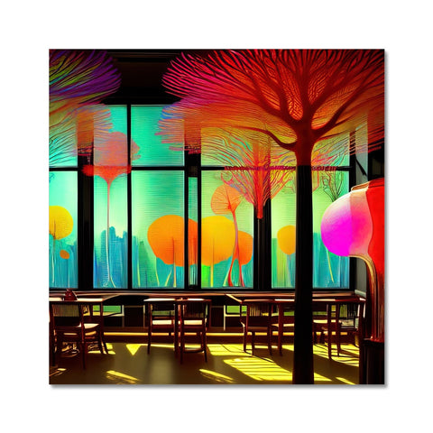 Art print hanging on tree covered ceiling of a sunny sunny side up room.