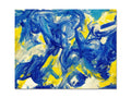 A blue and yellow painting that is painted on canvas.