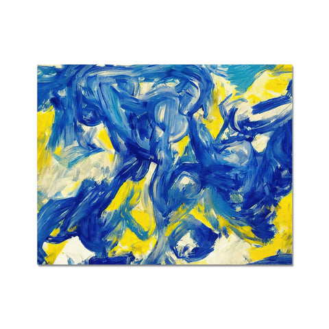 A blue and yellow painting that is painted on canvas.