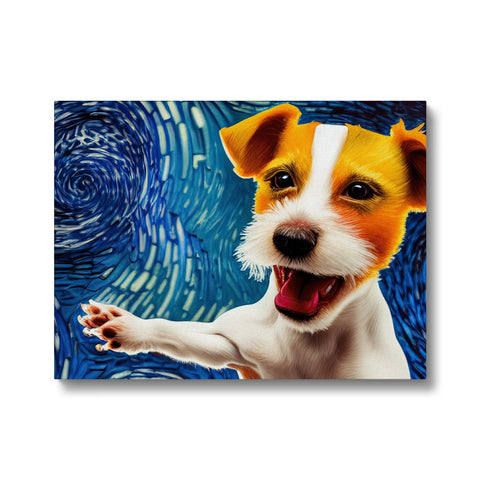 A dog that is panting and licking its paw in an art print background.