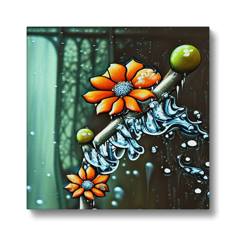 The rain drops are on canvas art with white flowers floating on a green wall.