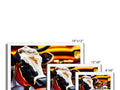 A close up of a cow with several outfits on a table between two images on a