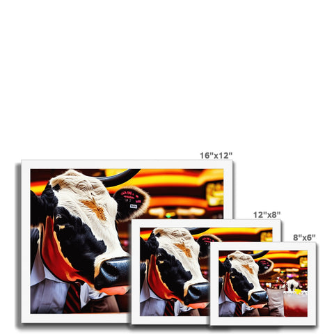 A close up of a cow with several outfits on a table between two images on a