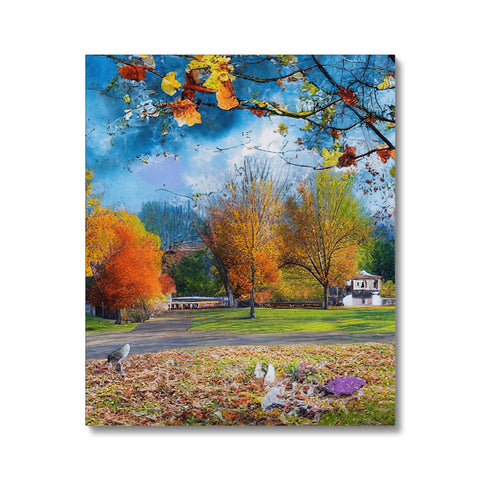 A colorful floral print picture with a large picture of lots of trees and foliage on it