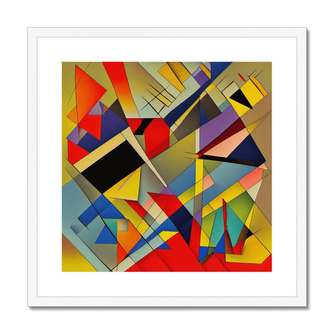 An art print with a geometric pattern and colorful shapes in it placed in a frame.