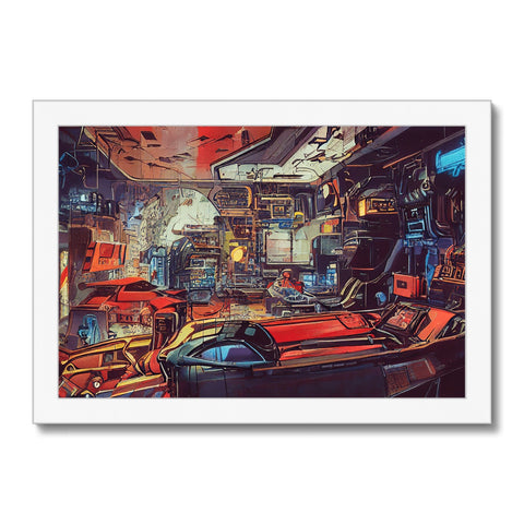 An interior art print of an image of a ship and an airplane sitting upside down on