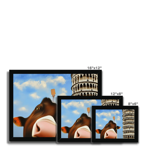 The picture shows a group of cows in front of a picture frame.