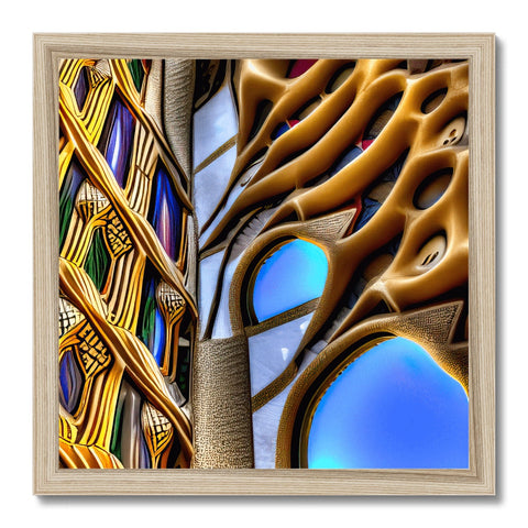 A wooden frame that shows stained glass panels in front of a wall.
