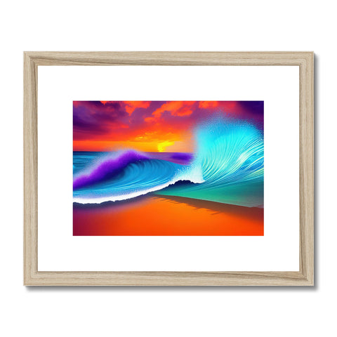 A colorful art print that has an ocean behind it.