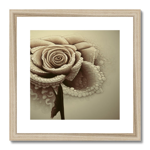 A brown photo with green and gold roses framed in white decor.