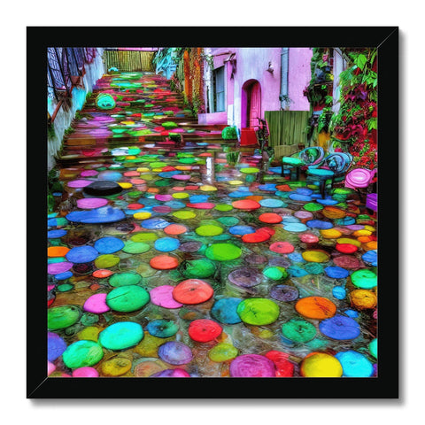 A painting on an aluminum tile floor with a colorful umbrella covered in white.