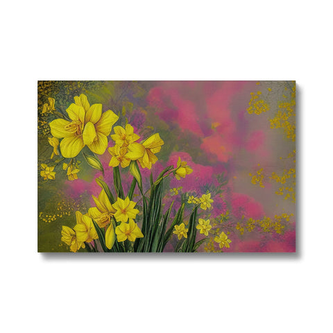 An art print of flowers with yellow and gold daffodils sitting on top of