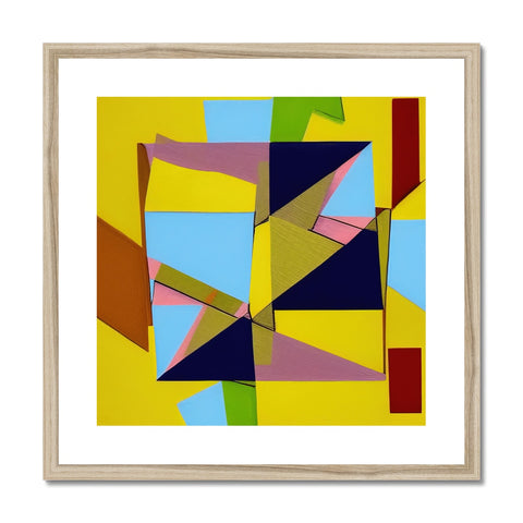 An abstract geometric art print with lots of colors on the walls.