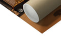 A white paper roll on a hard surface that has a small rug on it in some