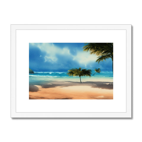 A white wooden framed wooden picture of a small beach on a rainy blue year-lit