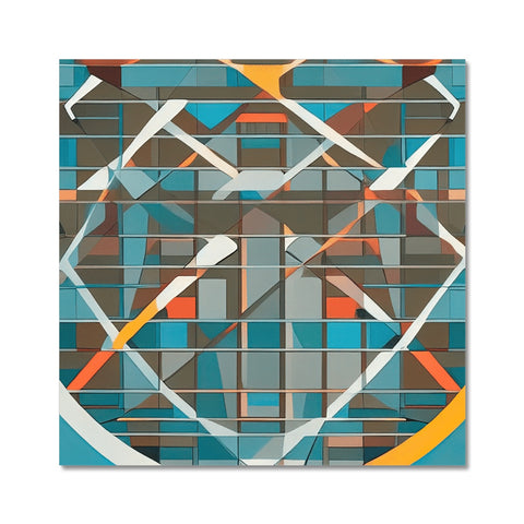 A white, white and blue art tile with gray and brown art print on it.