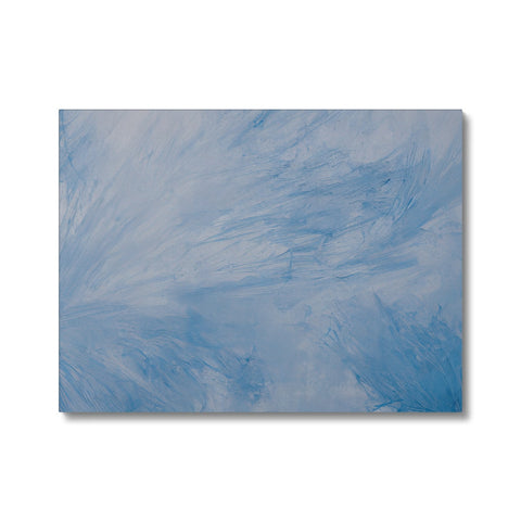 An abstract painting of a blue sky with a snow covered country.