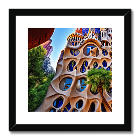 A framed photograph with lots of architectural buildings that have different shapes and colors in it.