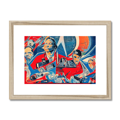 A red and blue framed painting hanging on a wall behind some wood frame.