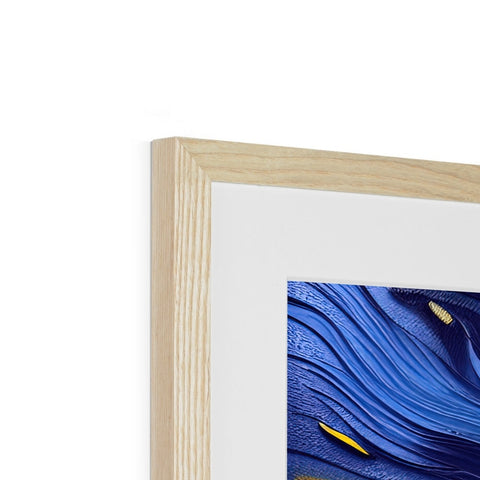 A long wooden piece of art is hanging behind a framed photo of an ocean.