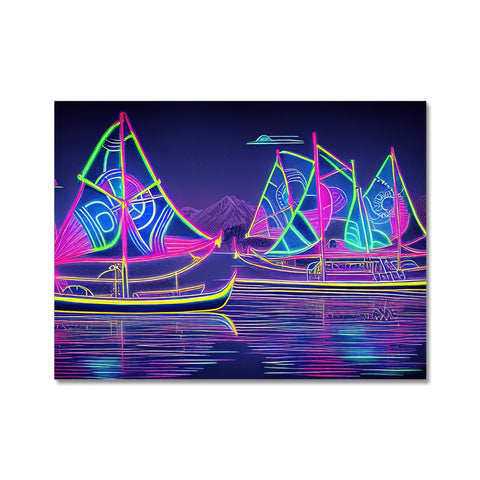 A group of sail boats on the water at night.