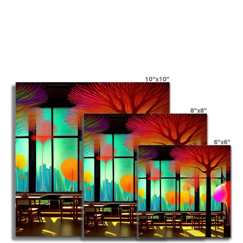 Art prints on a glass wall with window blinds on each side of it and chairs