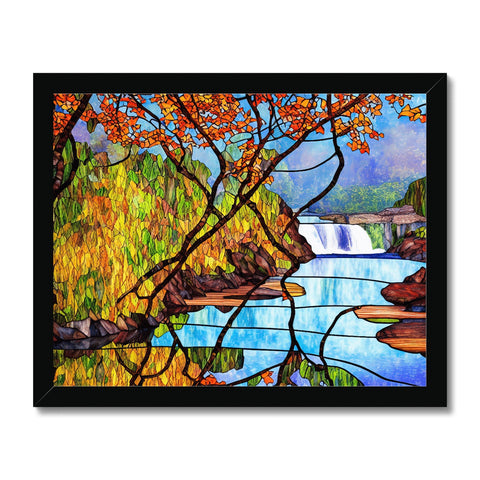 A colorful wall hanging with a waterfall floating in the middle of a river.