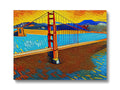 A painting of a golden gate near a brick road.