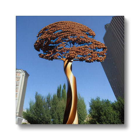 A tree that is decorated with a metal sculpture and is standing in the background of the