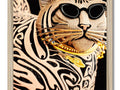 Art print of a cat on gold painting hanging from a glass front.