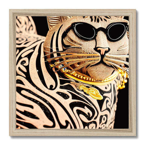 Art print of a cat on gold painting hanging from a glass front.