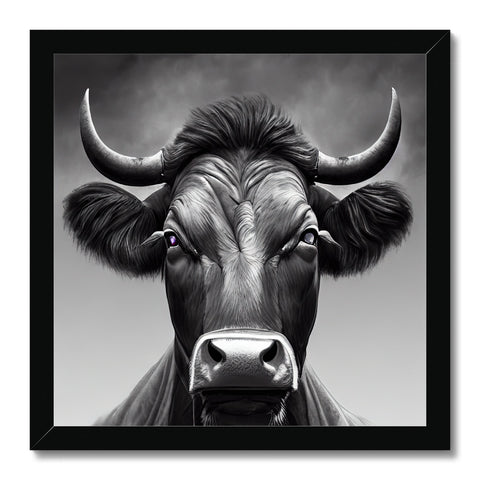 A black and white picture of a bull standing tall and broad eyed.